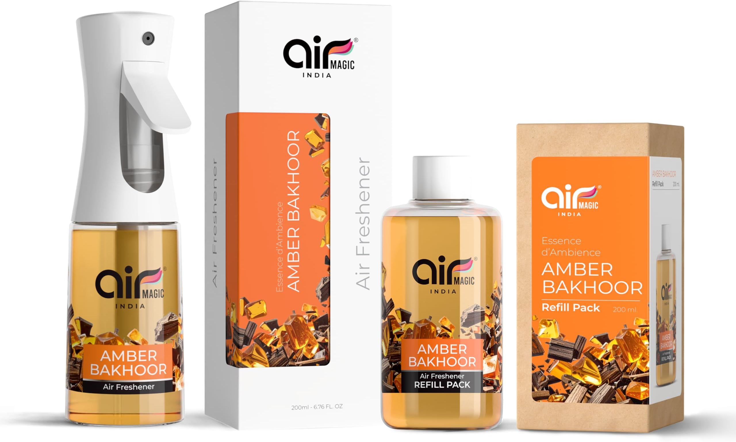 Amber Bakhoor | Arabic Edition | Air Magic India 200ML Liquid Air Freshener + 200ML Refill Pack Combo | High Concentrated No-Gas Formula | Long Lasting Room, Bathroom & Office Freshener