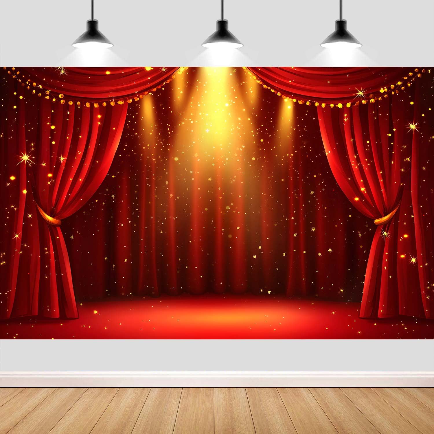 Photo 1 of 10X8ft Red Stage Curtain Backdrop Gold Spotlight Glitter Stars Photography Background for Wedding Birthday Party Stage Show Photo Booth Wall Decor Banner