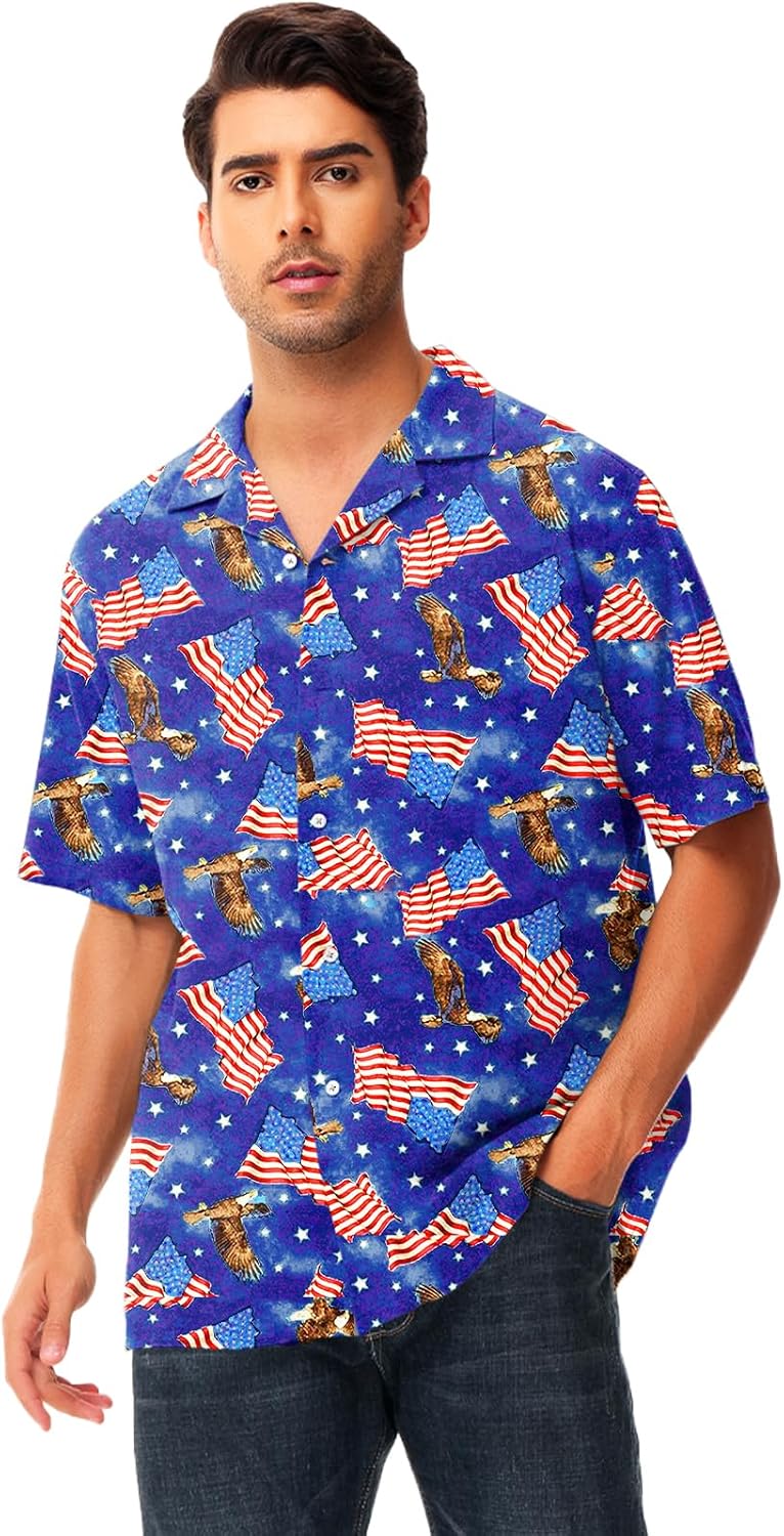 AOBUTE Men July 4th Button Shirts American Flag Hawaiian Shirt Star Stripe Holiday Top - Image 4
