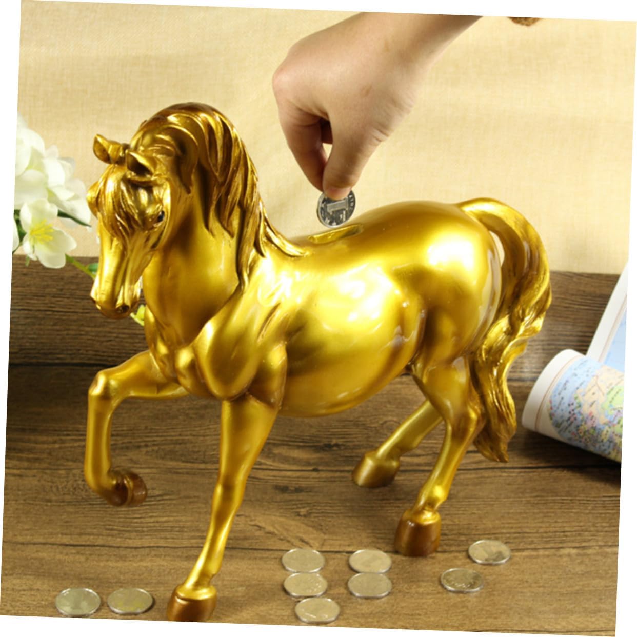 Creative Horse Shape Coin Storage Jar for Artistic Resin Money Bank Large Capacity Saving Pot Birthday Gift for Boys and Smooth Golden Decorative Figurine