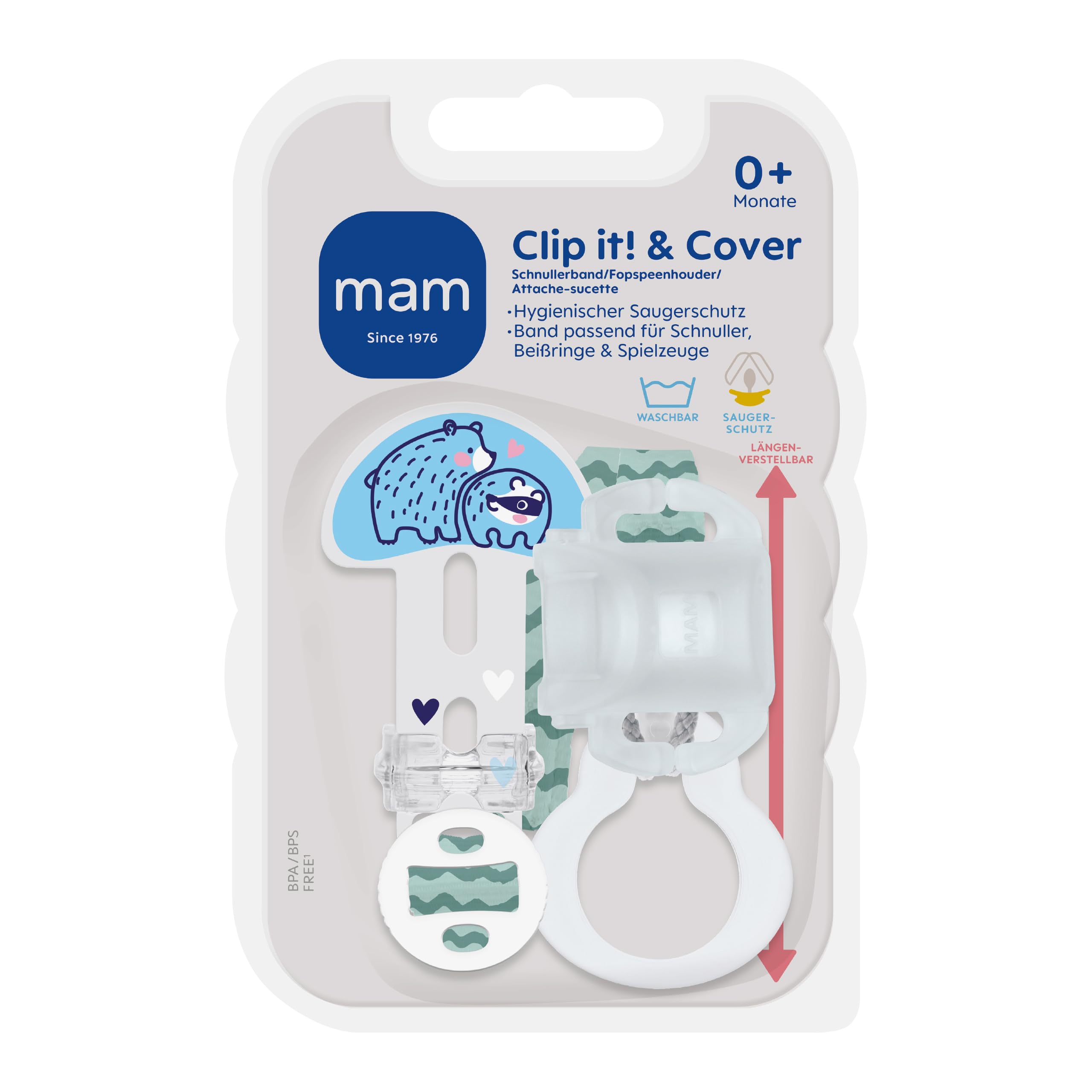 MAM Clip it! & Cover portaciuccio con protezione tettarella, supporto regolabile in lunghezza con anello rimovibile, adatto per ciuccio, massaggiagengive e giocattoli, orso