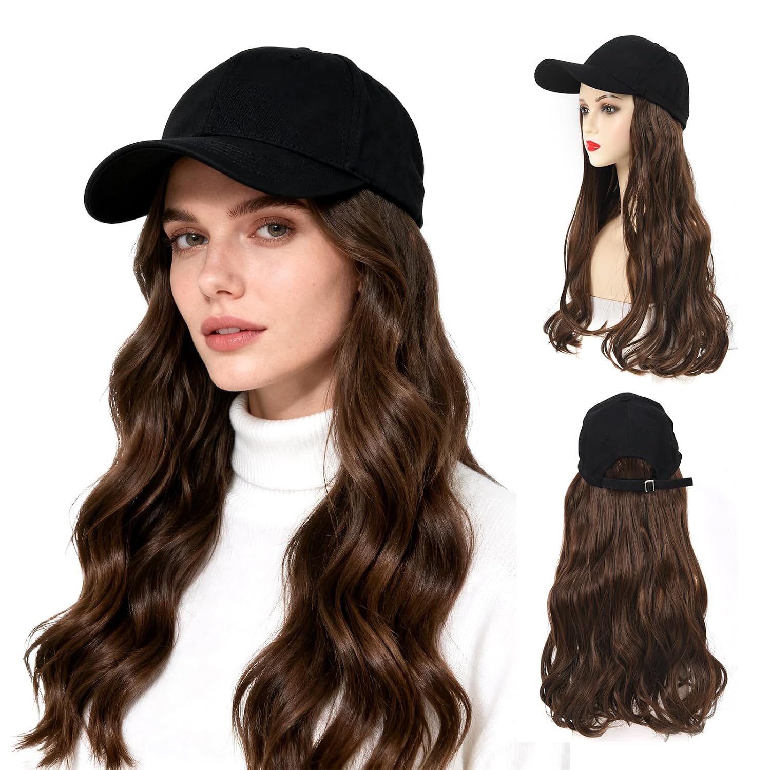 Onedor Hat Wig for Women Baseball Cap with Hair Extensions 20 Inch Long Wavy Synthetic Wig Hat Adjustable Hat with Wig Attached for Daily Wear(8#-Medium Ash Brown)