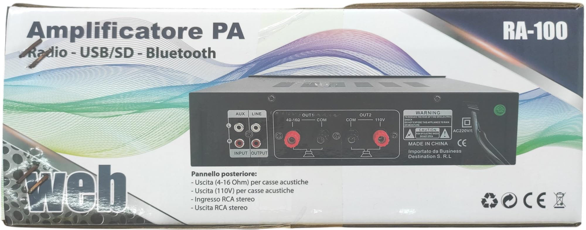 Amplificatore Mono PA RA-100 70W con Radio, USB/SD e Bluetooth – Ingressi RCA e Microfono – Regolazione Tono e Uscita 110V per Casse Acustiche