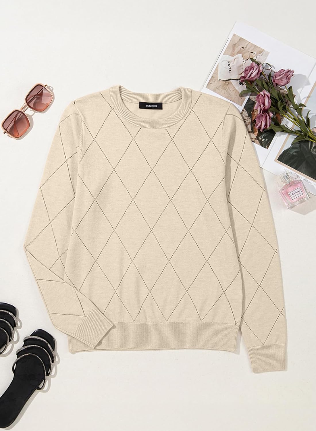 Dokotoo Sweaters for Women Long Sleeve Wool Blend Crewneck Diamond Hollow Out Lightweight Soft Fall Pullover Sweater Tops - Image 4