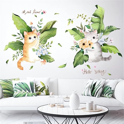 Miniatura 3 de Calcomanías de pared con diseño escandinavo de hojas de palmera de gatitos lindos y frescos, calcomanías de pared de animales de gato de dibujos