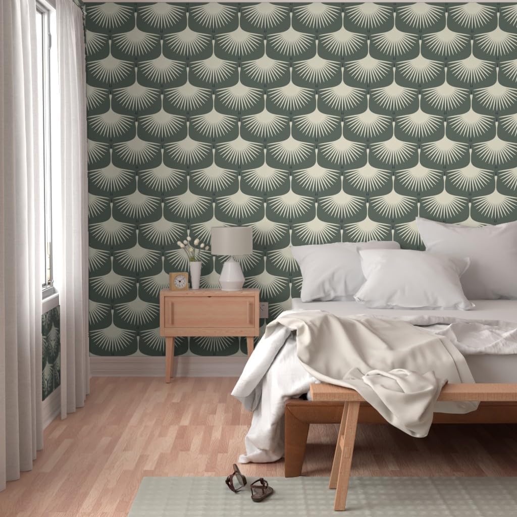 Spoonflower Removable Wallpaper 6ft x 2ft - Art Deco Green Geo Nature Swan Cranes Swans Birds Custom Pre-Pasted Wallpaper