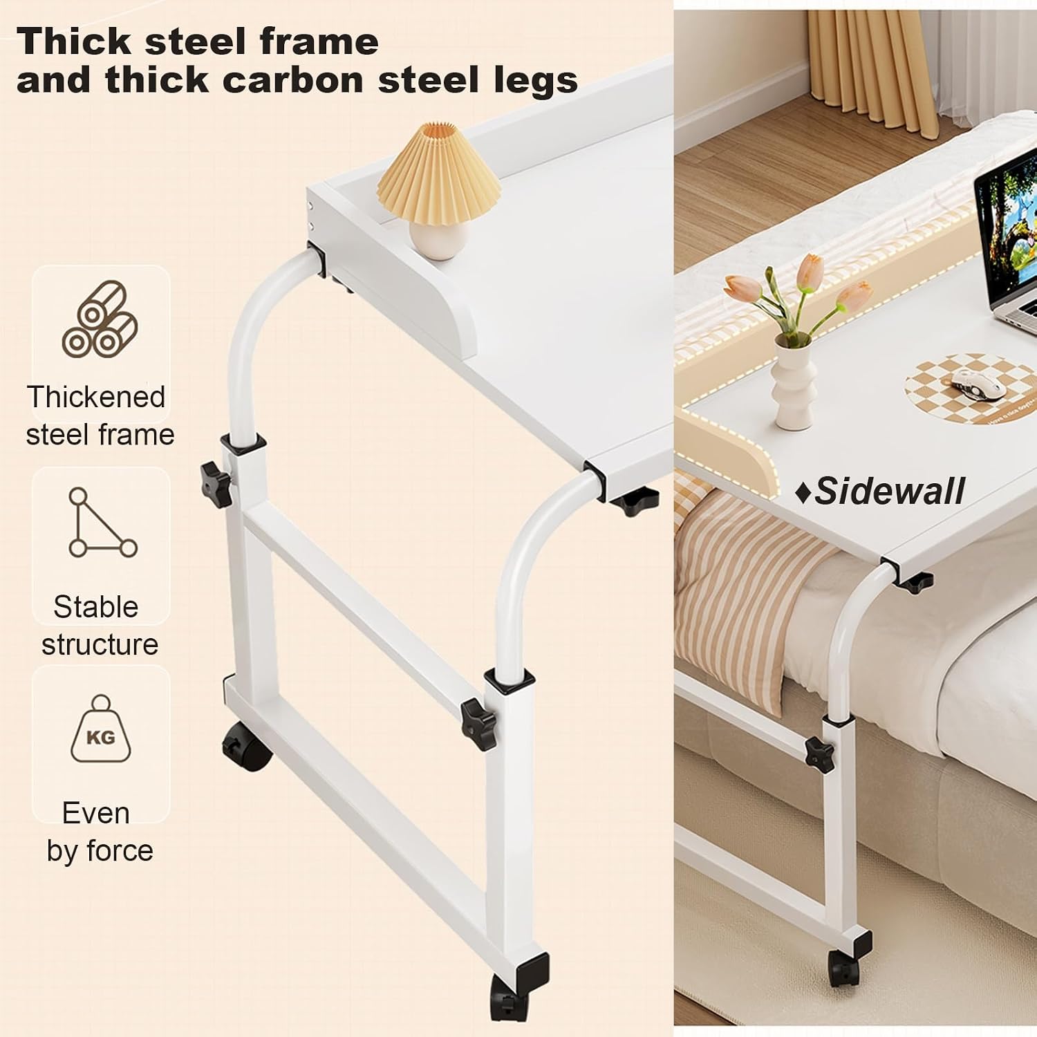 Height Adjustable Overbed Table with Wheels for Laptop Mobility Rolling Medical Table with Food Tray Desk Standing Workstation Computer Desk Height and Width Adjustable