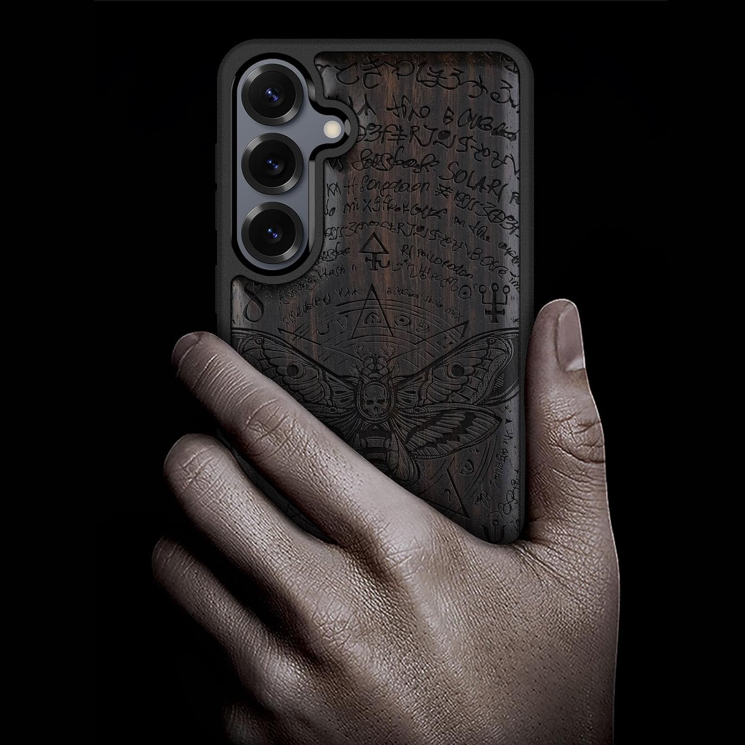 Carveit Magnetic Wooden Case for Samsung Galaxy S25 Case 2025, TPU Shockproof Cover & Wood Artisan Engraved, Compatible with MagSafe Wireless Chargers (Death's Head Moth) Blackwood