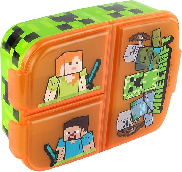 Minecraft Brotdose Kinder - Lunchbox mit 3 Fächern und Clip-Verschlüssen, Bento Snackbox aus Kunststoff für Kindergarten, Schule und Freizeit - Vesperdose robust & leicht zu öffnen - 3