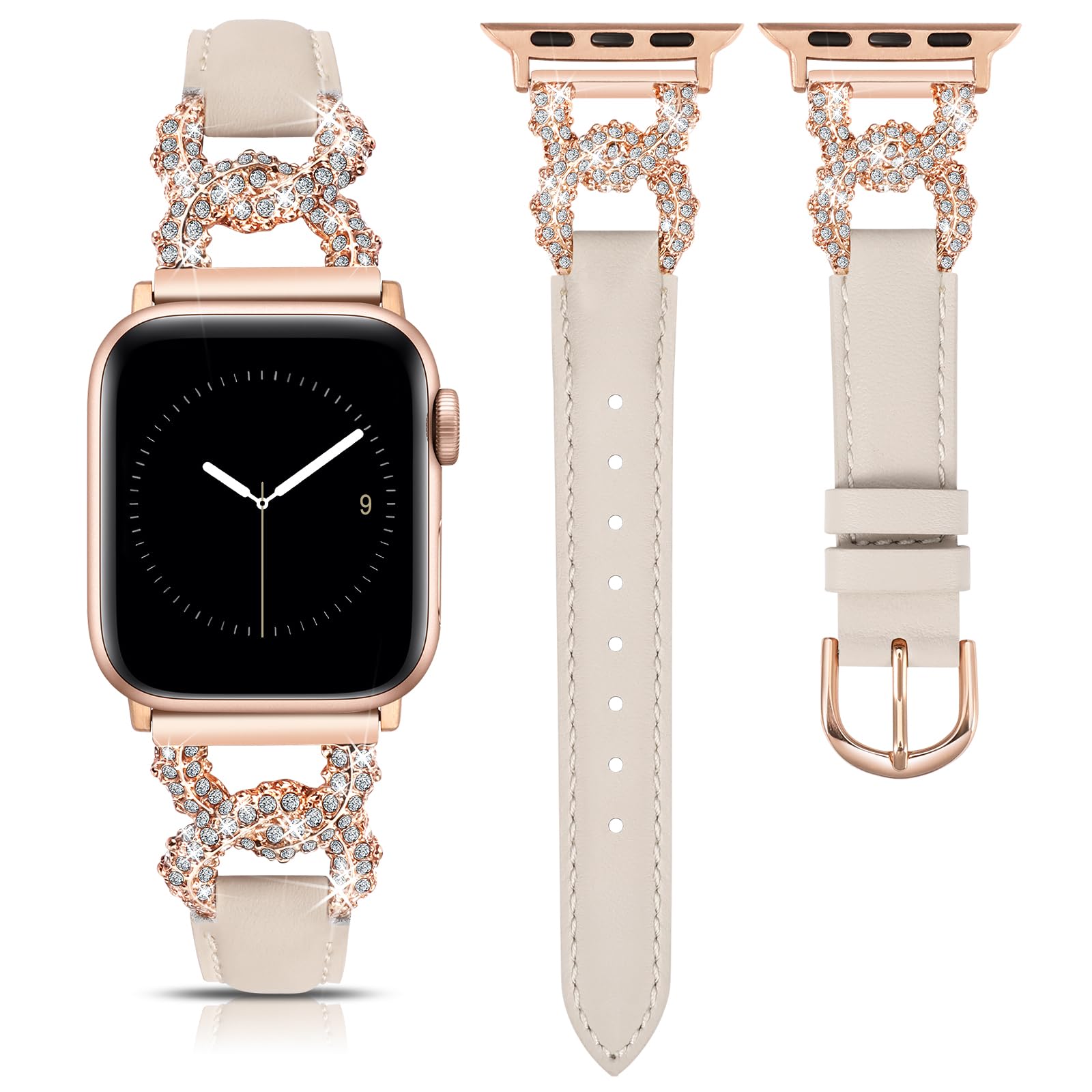 コンパチブル Apple Watch バンド 本革 キラキラC型 42／44／45／46／49mm アップルウォッチ バンド レザー おしゃれ レディース あっぷるうぉっち 交換ベルト 女性 柔らかい 可愛い ベルト for iWatch Series 11 10 9 8 7 6 5 4 3 SE／Ultra 3 2 1に対応（スターライト+ローズゴールド