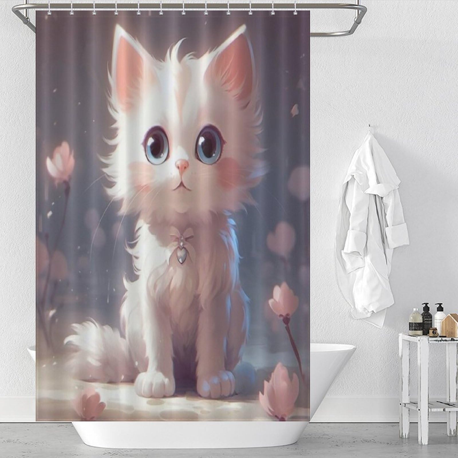 Rideau douche chat mignon polyester imperméable pour une salle de bain propre et ludique