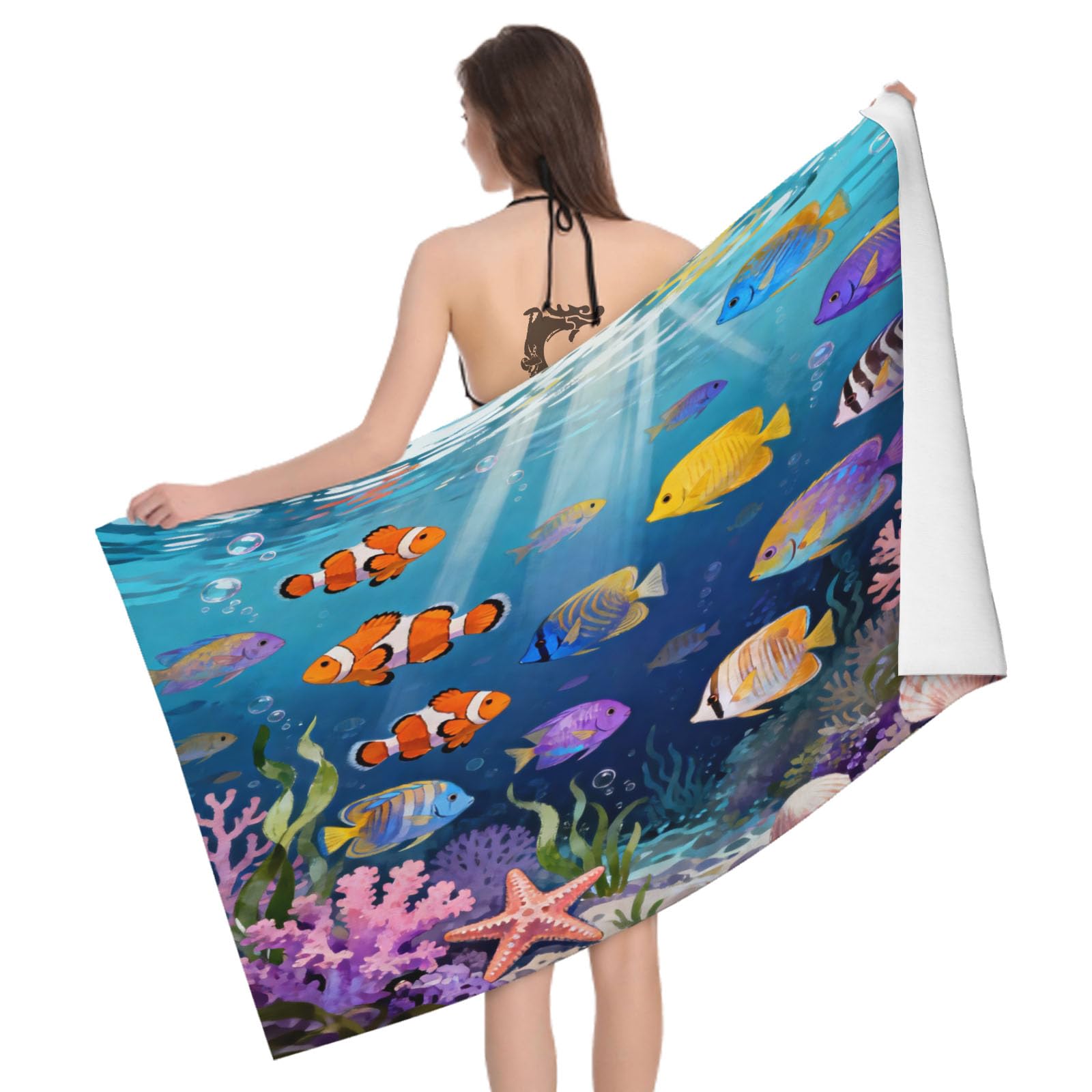 Leichong 3D Cartoon Ocean Beach Towel Microfiber Soft Quick Dry for Adults, Coral Bath Towel Lightweight Soft Absorbent for Travel Swimming Pool Sports, 75 x 150 cm
