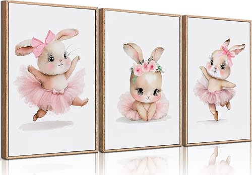 3 piezas de arte de pared de conejo rosa para cuarto de bebé, lindos pósteres impresos, imágenes de decoración de pared, imágenes de vestido de