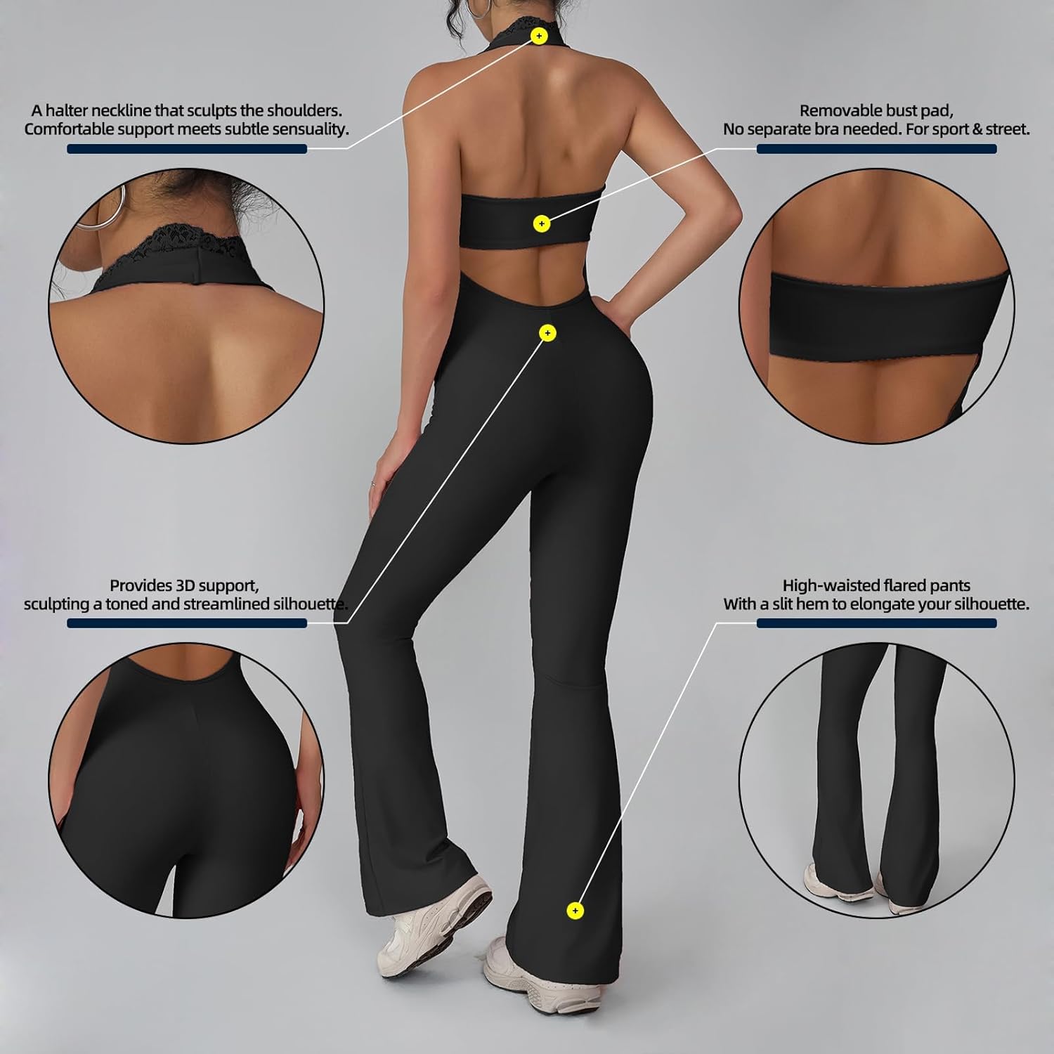 Women Workout Scrunch Flare Jumpsuits Lace Deep V Hanging Neck Halter Backless Butt Lift Gym Yoga Jumpsuits - Image 5