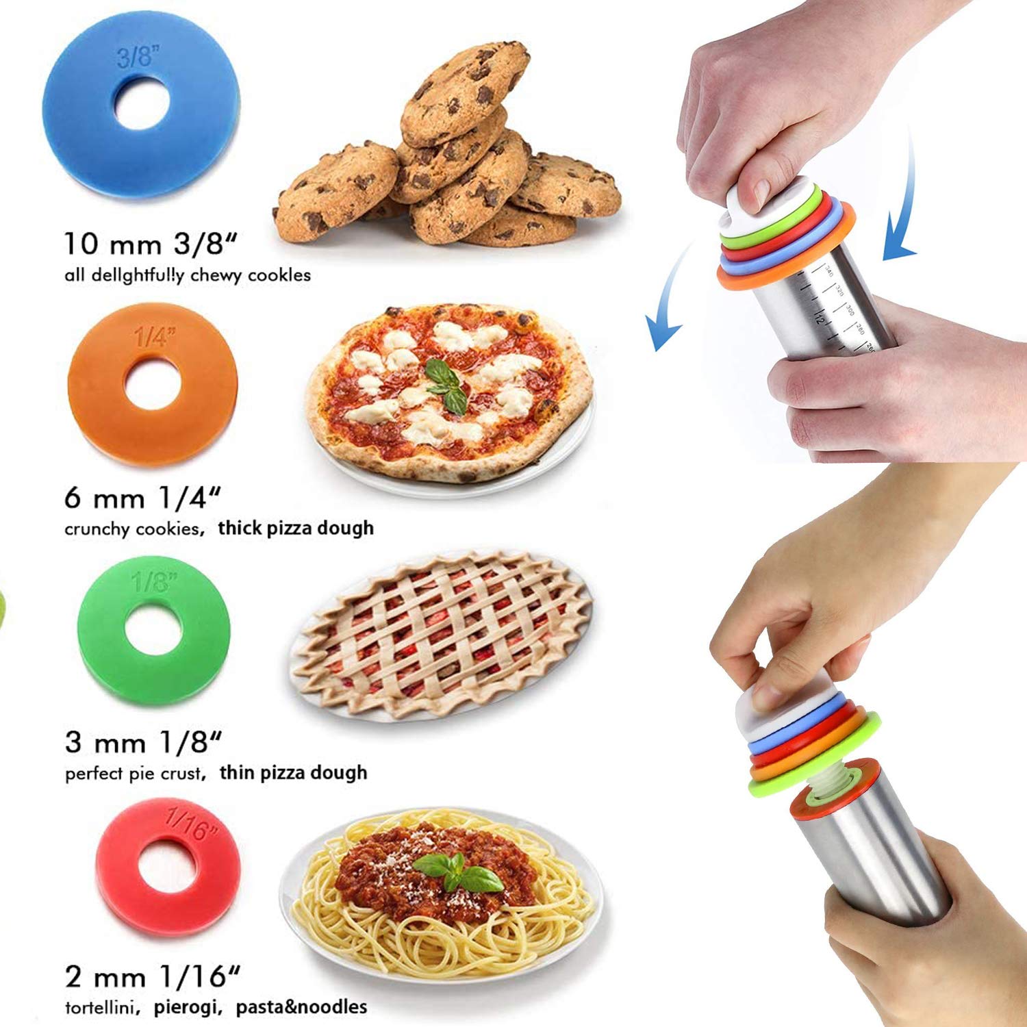 Mattarello In Acciaio Inox Con Anelli Spessori 2-10 Mm E Tappetino Silicone – Set 2 Pezzi Per Pasticceria - 4