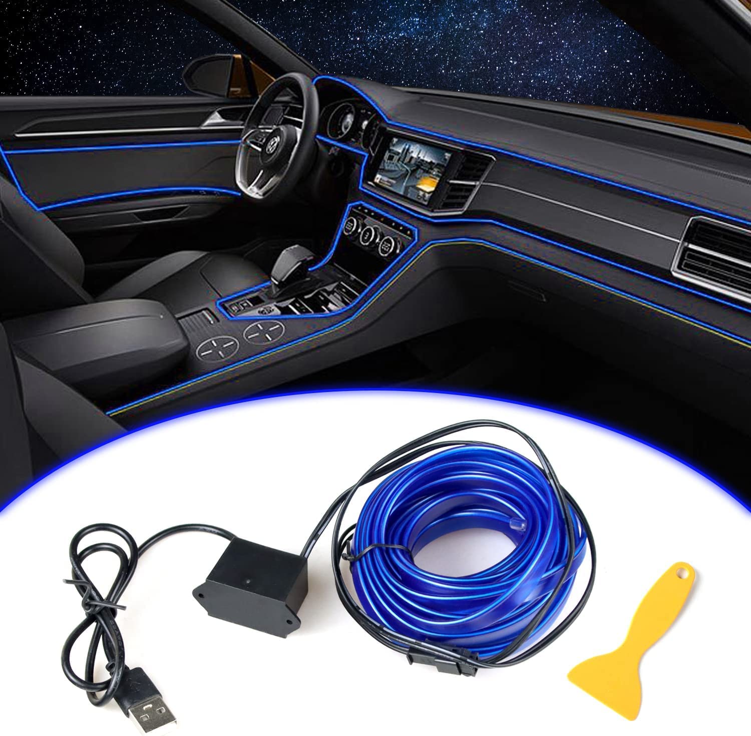 TNTAIAHL El Wire Blue Interior Car LED Strip Lights, 5M Neon Wire USB 5V with Fuse Protection for Automotive Car Interior Decoration with 6mm Sewing Edge