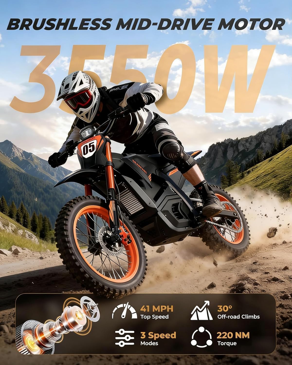 RKJ Electric Dirt Bike for Adults Teens, 3550W, 41MPH & 48V/22AH Removable Battery, 53 Miles, Hydraulic Brakes & Full Suspension, 14"/12" Fat Tire, Mountain Off-Road E Dirt Bike for Age 13+