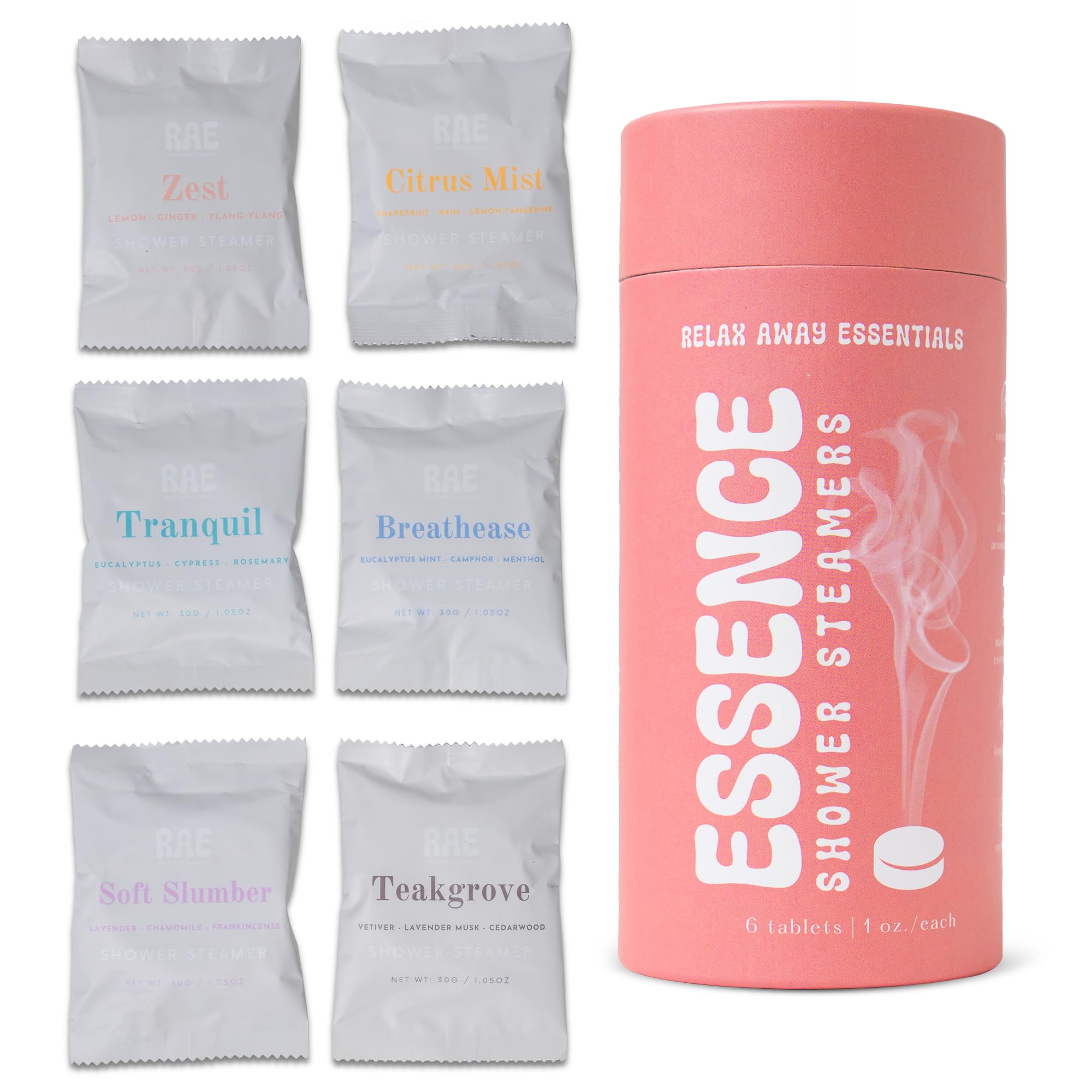 Relax Away Essence Shower Steamers 6 Pack - Essential Oil Aromatherapy - Tranquil, Citrus Mist, Breathe Ease, Teak Grove, Soft Slumber, Zest -