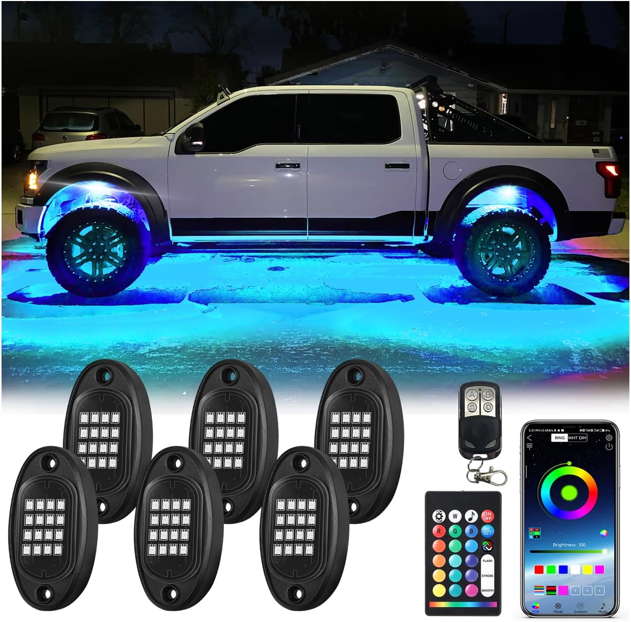 6Pods RGB LED Rock Lights Kit with APP/RF Remote Control, Upgraded Underglow Light Multi Zone Bright Neon Exterior Lights Multicolor 12V Waterproof for Trucks Jeep UTV ATV Golf Cart