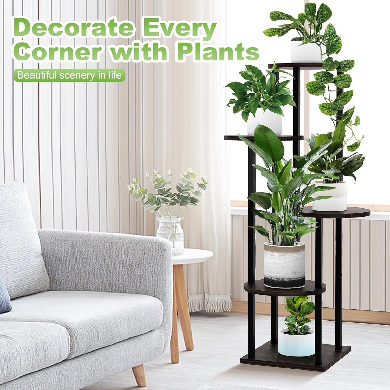 5 Tier Wood Tall Plant Stand Metal Rack Indoor, Multiple Flower Pot Holder Shelves Corner Rack, Round Planter Shelf Display Rack Storage Organizer for Patio Living Room Balcony(Black Oak)