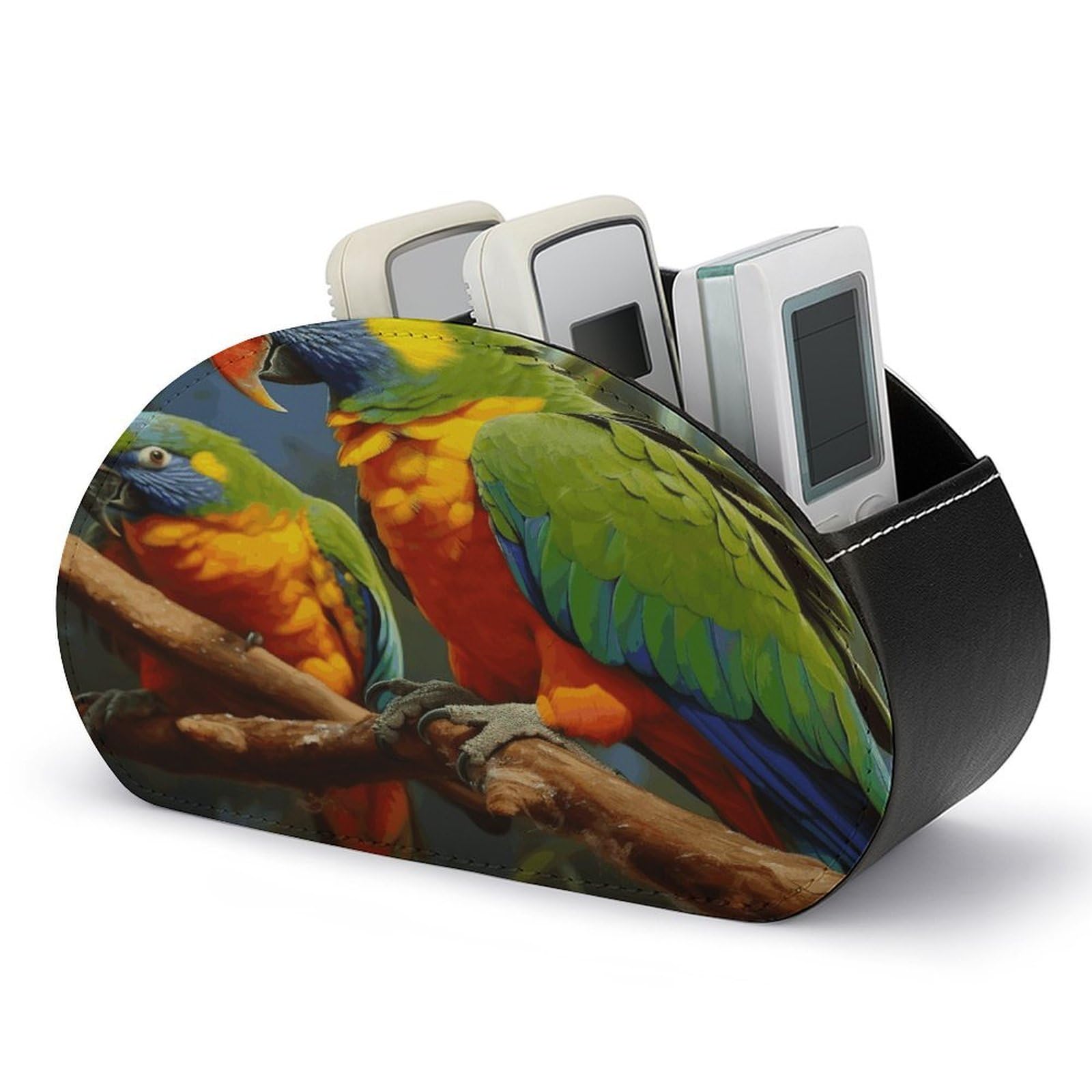 VstaDank Bird Parrot Painting Remote Control Holder with 5 Compartments PU Leather Remote Caddy Desktop Organizer Store TV Remote Control Storage Box for Home Office Desk Nightstand