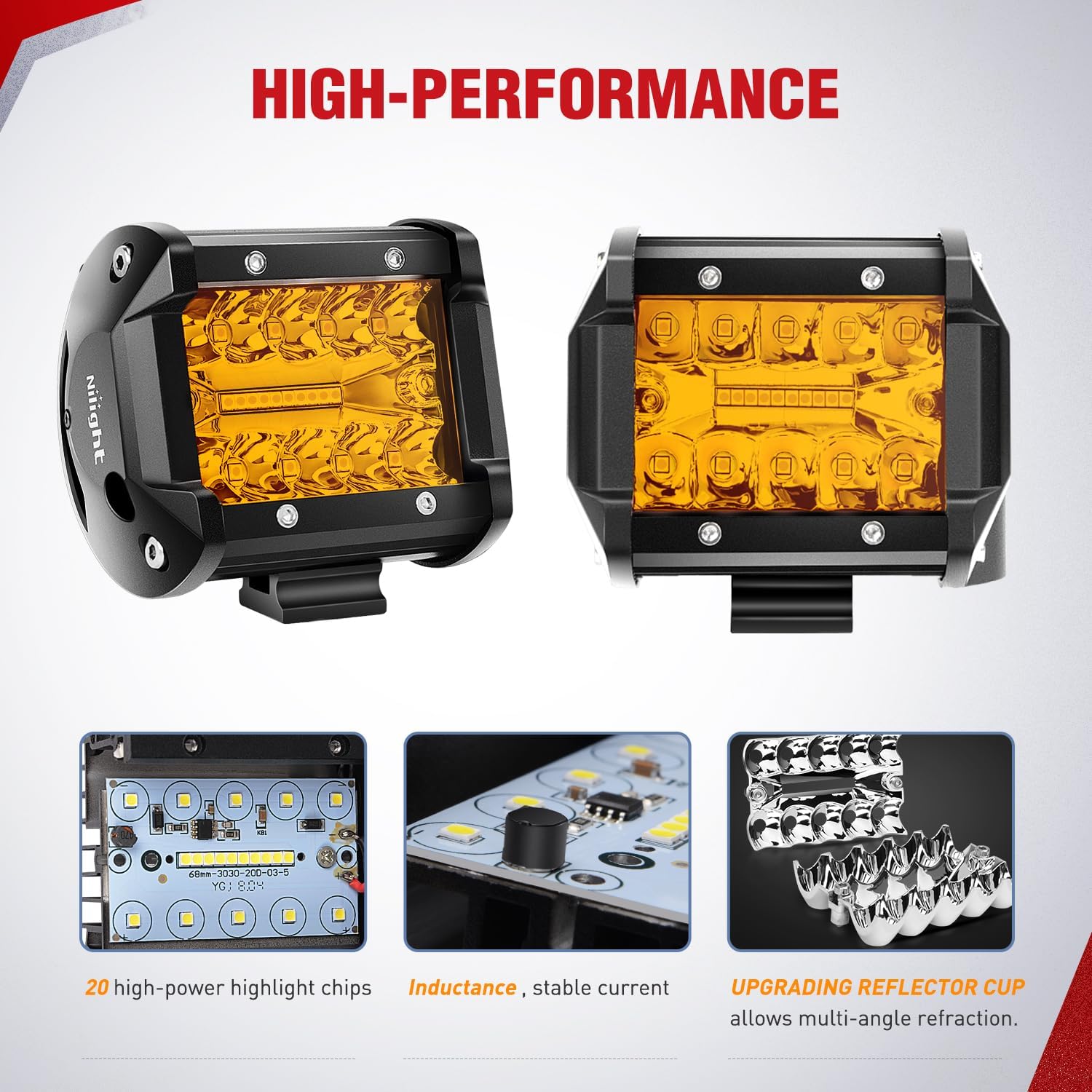 Nilight 4 Inch Amber LED Light Pods 2PCS Triple Row 60W Flood Spot Combo Offroad Driving Fog Lighting for 12V 24V Pickup Truck ATV UTV SUV