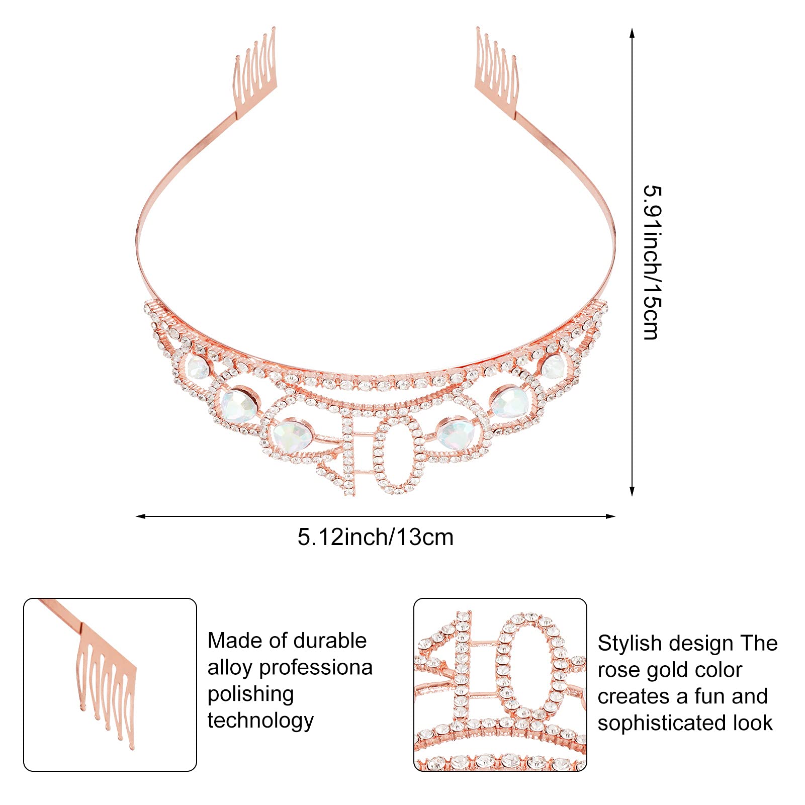10. Geburtstag Schärpe & Diadem Set – Rotgold, Mit Strass-Krone & Perlennadel Für Mädchen