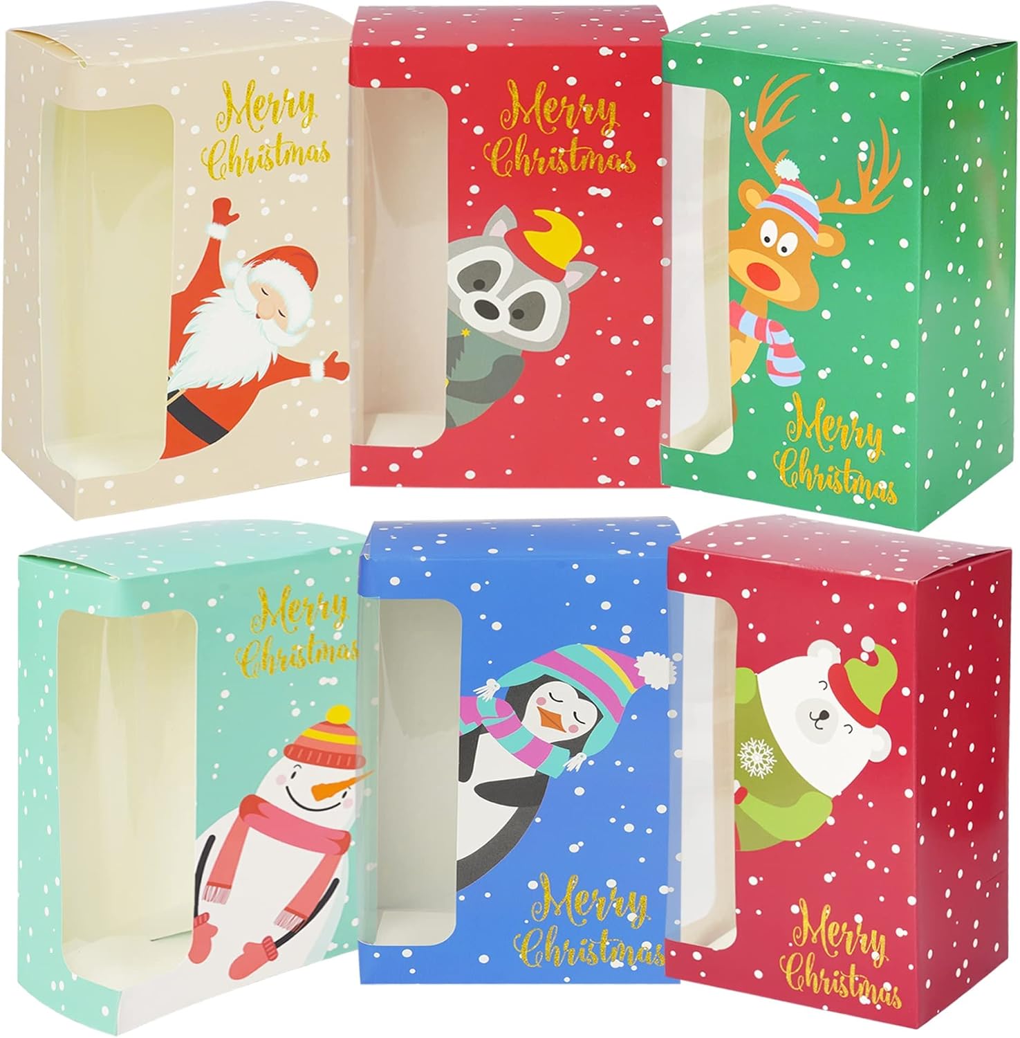 Uptotop Christmas Cookie Boxes, 24 Pcs Small Christmas Party Boxes with 6 Different Designs and Color, Xmas Bakery Pastry Boxes for Pastries, Cupcakes, Brownies, Donuts, 4" x 2.7" x 6.3" image 3