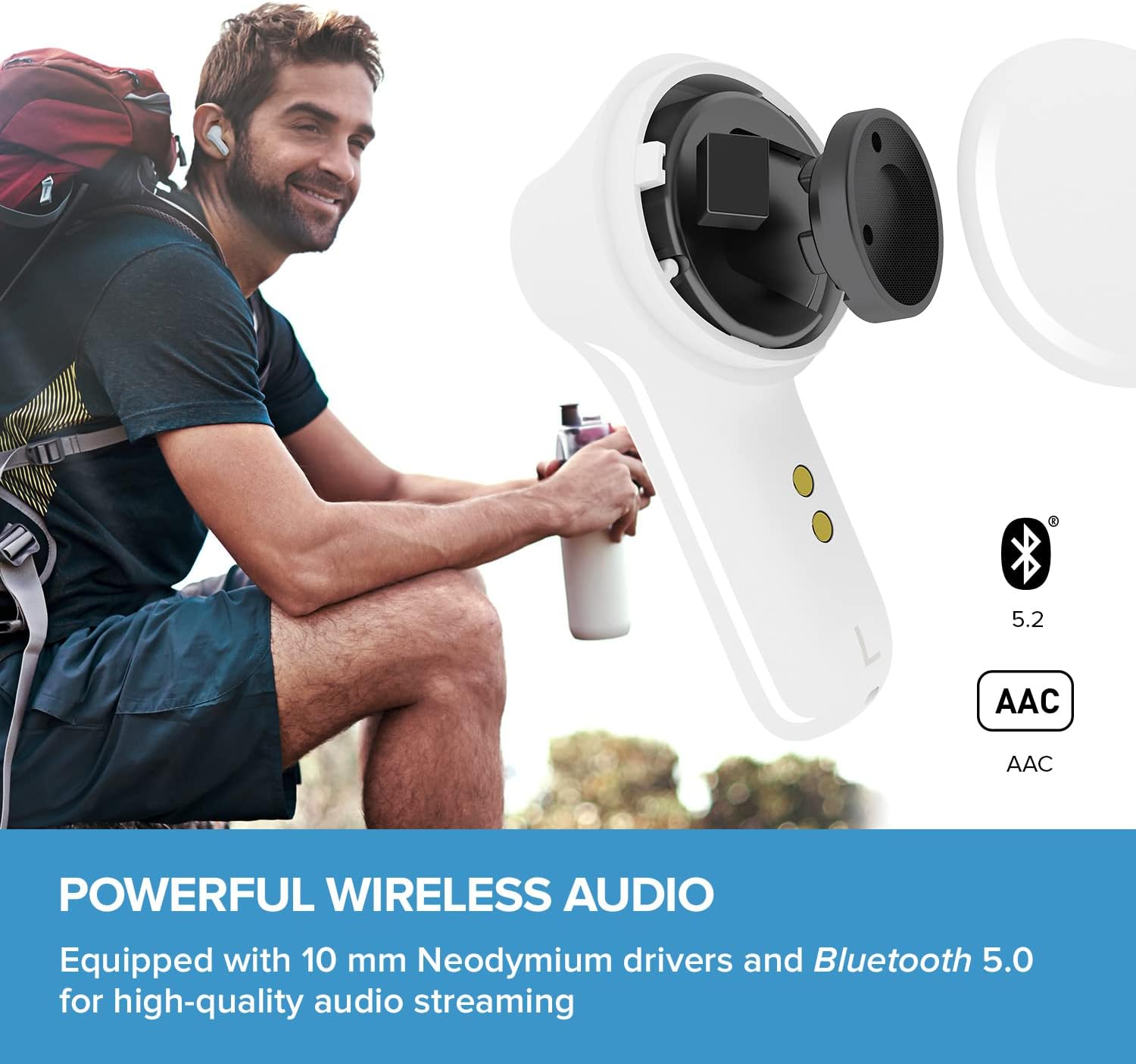 Man with backpack, showing internal earbud components and Bluetooth 5.0/AAC support