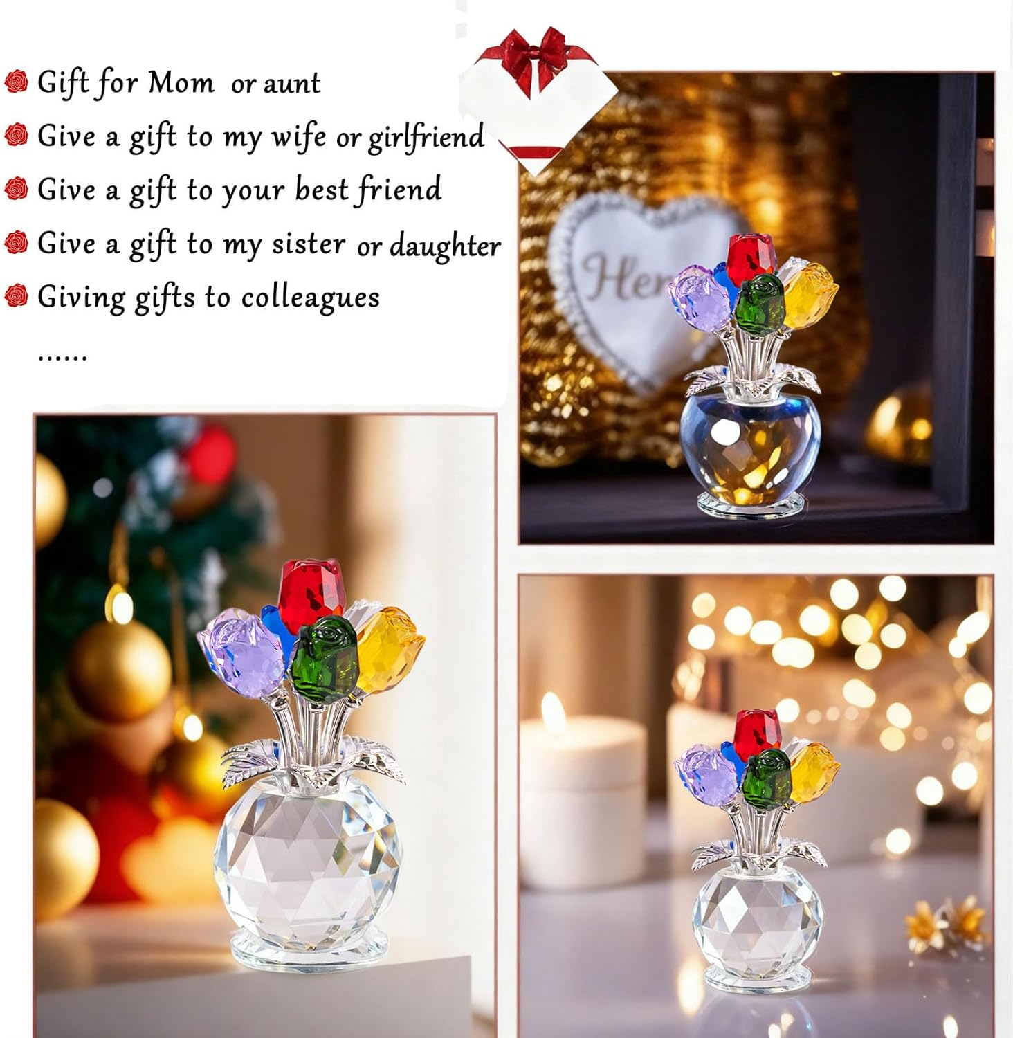 Crystal Colorful Roses Collectible Figurine,Valentines Gifts for Women Mom Girlfriend Wife Bouquet Figurines Artificial Glass Crysta Flowers, Mother's Day Birthday - Image 2
