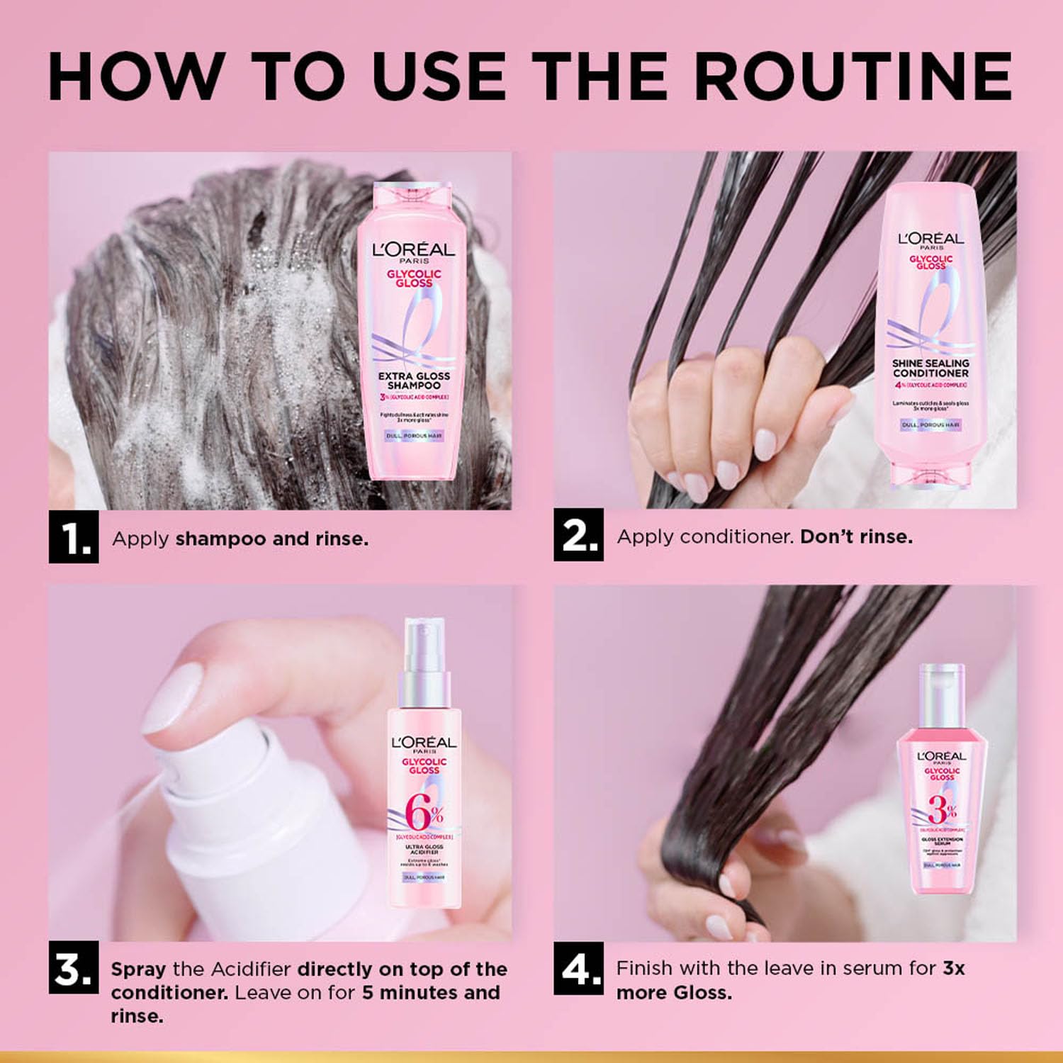 L’Oréal Paris Glycolic Gloss Shine Boosting Shampoo, powered by 3% Glycolic Acid, for dull hair, restores hair quality for gives 3x more gloss, 340ml - Image 9 thumbnail