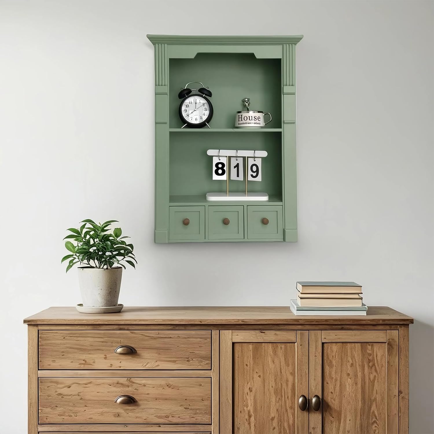 JSWHYBD Vintage Wall Cabinet, Rustic Solid Wood Floating Shelf with 3 Drawers, Wall Curio Cabinet for Decor & Storage in Living Room & Bedroom Green