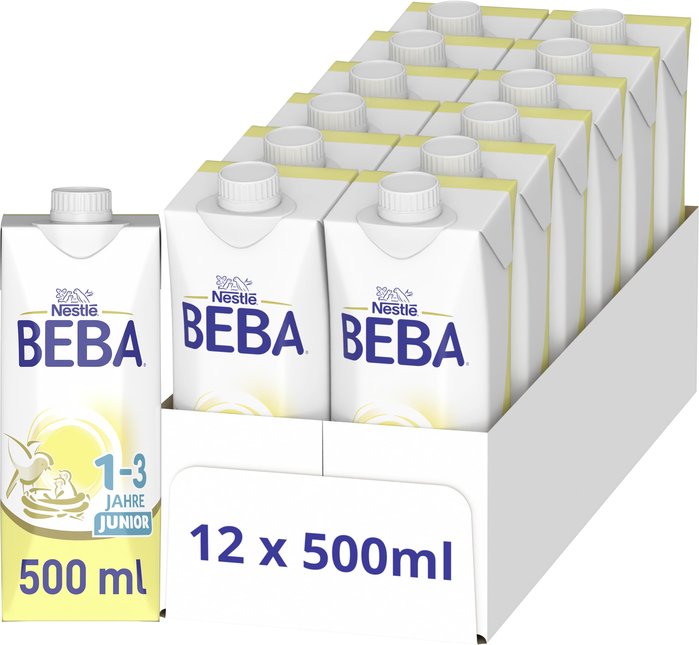 BEBA Junior 1-3 Jahre Milchgetränk trinkfertig, Mit HMO, Altersgerecht angepasster Proteingehalt, Ohne Palmöl, Ohne Fischöl, Kleinkindnahrung, 12er Pack (12 x 500ml)