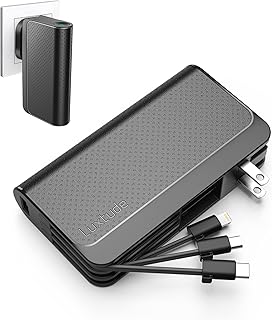 Luxtude Portable Phone Charger Built-in Wall Plug, 10000mAh Power Bank with Cables【iPhone Lightning & USB C & Micro】, Travel Fast Charge External Battery Pack for iPhone, iPad, Android, Samsung etc.
