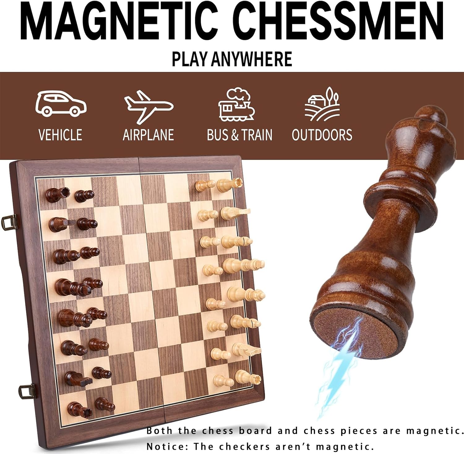 Wooden Chess Set, 15" Magnetic Chess Board – Foldable Travel Board Game & Checkers with Storage, 2 Extra Queens, Classic Game for Adults & Kids