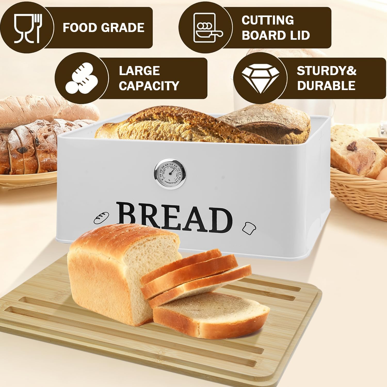 Boîte à Pain pour Plan de Travail - Organisateur de Cuisine avec Couvercle Bambou/Hygromètre - Conteneur de Rangement pour Pain au Levain, Pains et Baguettes - Planche à Découpe Intégrée - Blanc