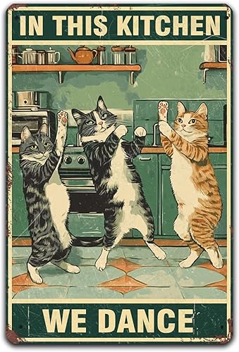 Póster retro vintage con logotipo de lata de metal, diseño de gato divertido, con texto en inglés "We Dance in This Kitchen", póster de cocina con