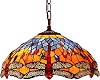 Bieye L10709 Dragonfly Tiffany Style Stained Glass Ceiling Pendant Fixture with 16 Inch Wide Complex Design Lampshade, Orange Blue