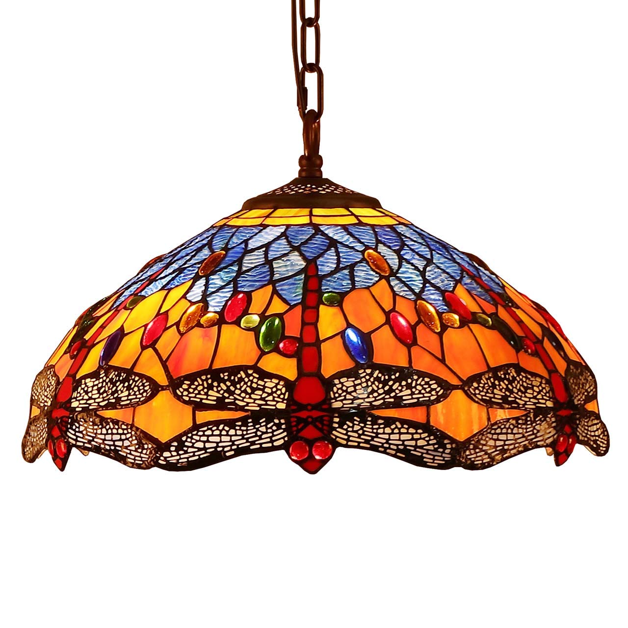 L10709 Dragonfly Tiffany Style - Lámpara colgante de techo con pantalla de diseño complejo de 16 pulgadas de ancho, color naranja y azul