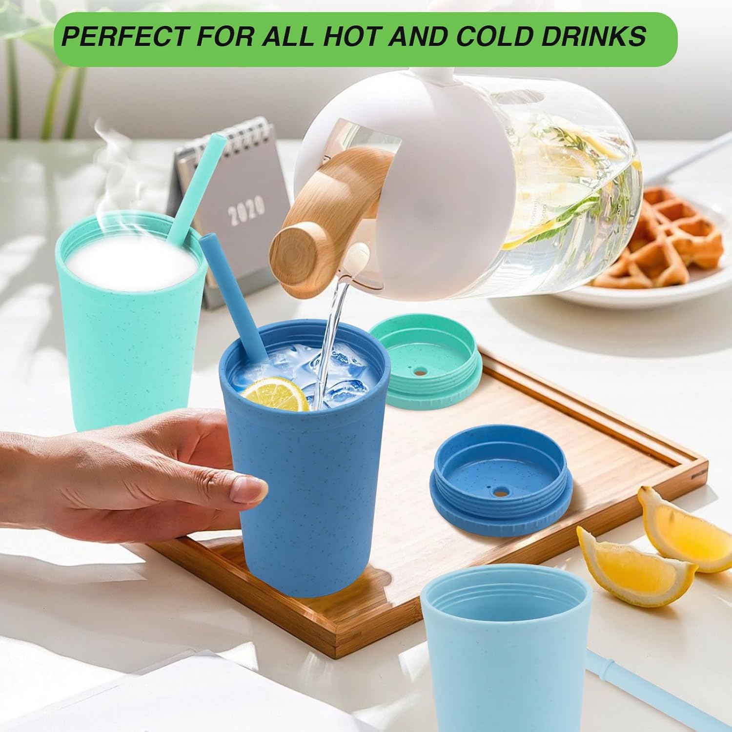 10 oz Wheat Straw Cups with Lids and Silicone Straws, Unbreakable Drinking Glasses, Plastic Cups for Kitchen, Small Tumbler Cups with Cleaning Brush, BPA Free, Dishwasher & Microwave Safe, 6 Pack - Image 2