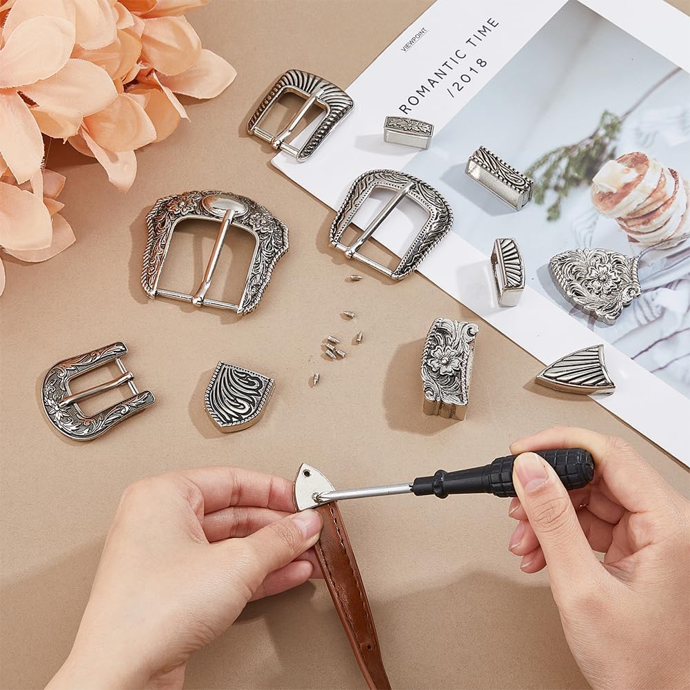 DICOSMETIC 4 Sets Belt Buckle Sets Western Cowboy Buckle Alloy Engraved Silver Buckles Replacement Cowboy Rodeo Belt Hand Polished Buckles Set for Men Women DIY Craft - Image 4