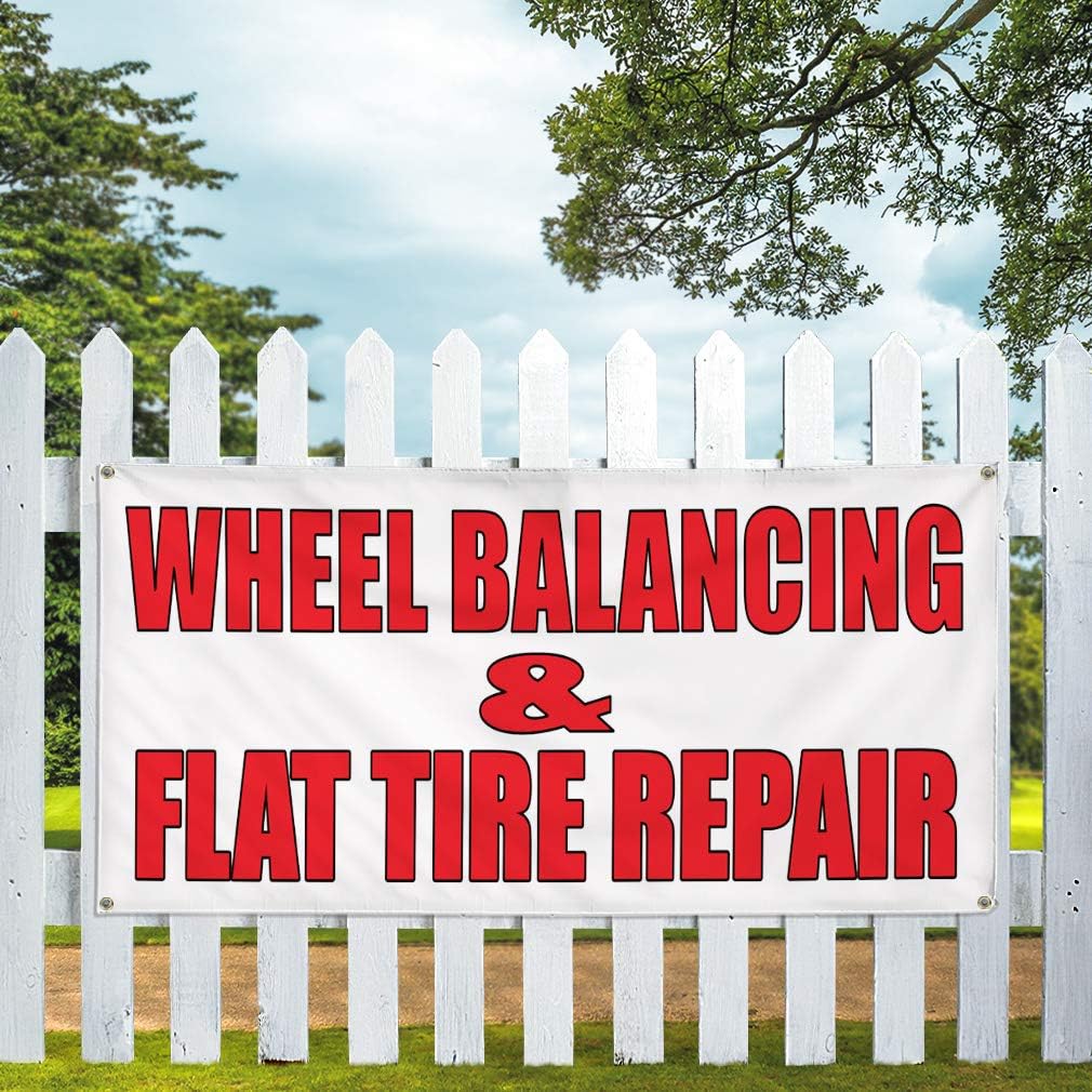 Vinyl Banner Multiple Sizes Wheel Balancing & Flat Tire Repair Body Shop B Automotive Outdoor Weatherproof Industrial Yard Signs White 4 Grommets 24x48Inches