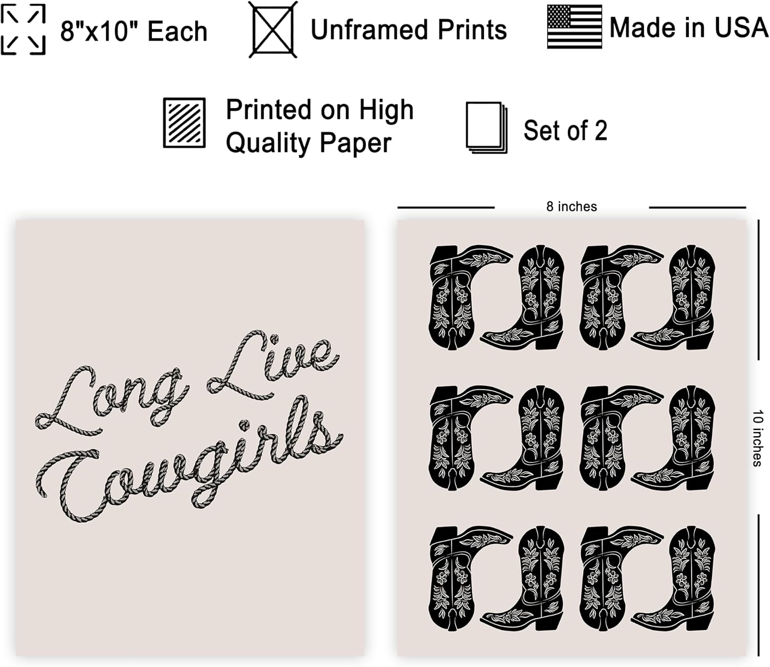 Poster Master 2-Piece Cowgirl Print - Long Live Cowgirl Poster - Fashion Boots Art - Blue Preppy Rodeo Design - Western Art - Chic Dorm or Girl's Bedroom Decor - 8x10 UNFRAMED Wall Art