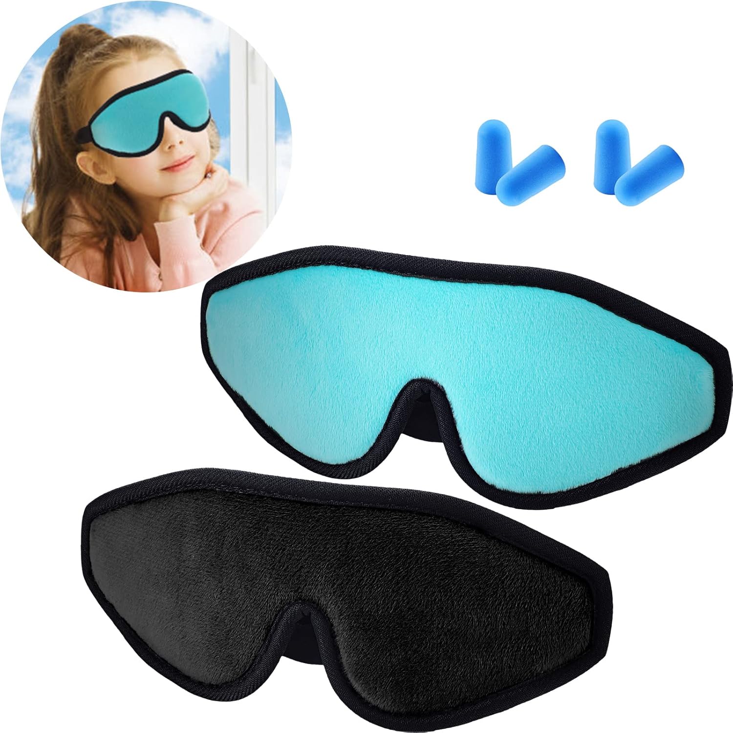 2 Pieces 3D Sleep Mask for Kids Memory Foam Contoured Eye Mask, Travel Sleep Eye Cover with Adjustable Strap, 3D Blindfolds(Black and Green)