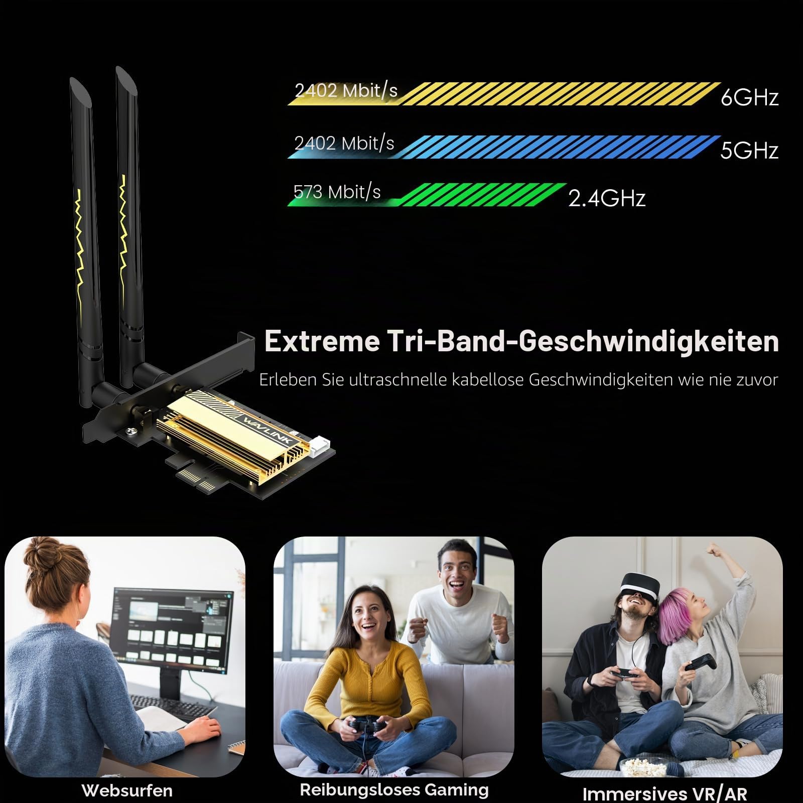 WLAN-Karte 5400 Mbps PCIe WiFi 6E WAVLINK Neue Netzwerkkarte Wireless Tri-Band-Adapter AX210 mit Bluetooth 5.3, MU-MIMO WPA3 OFDMA Halterung mit niedrigem Profil, Kühlkörper für PC Windows