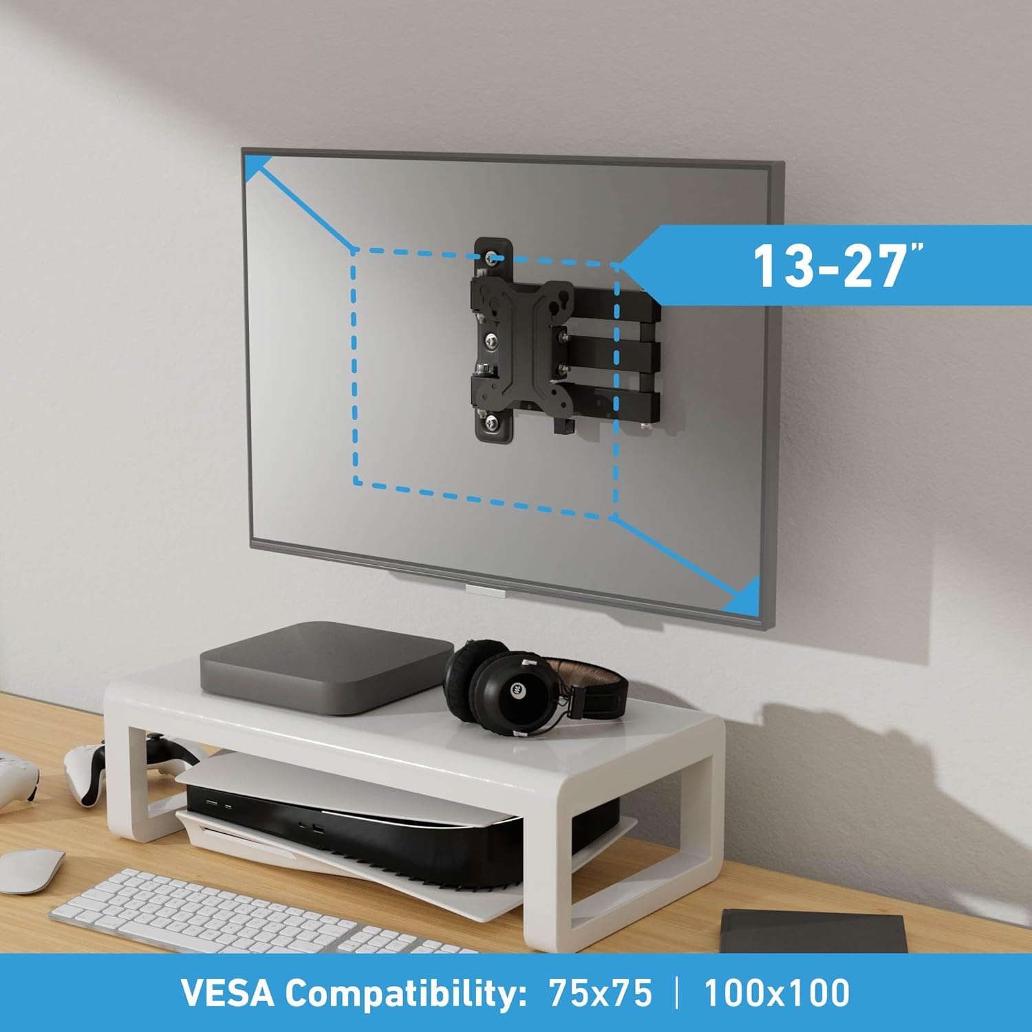 A TV mounted on the D-Line wall bracket, showing the compatible screen size range of 13-27 inches and VESA compatibility of 75x75mm and 100x100mm.