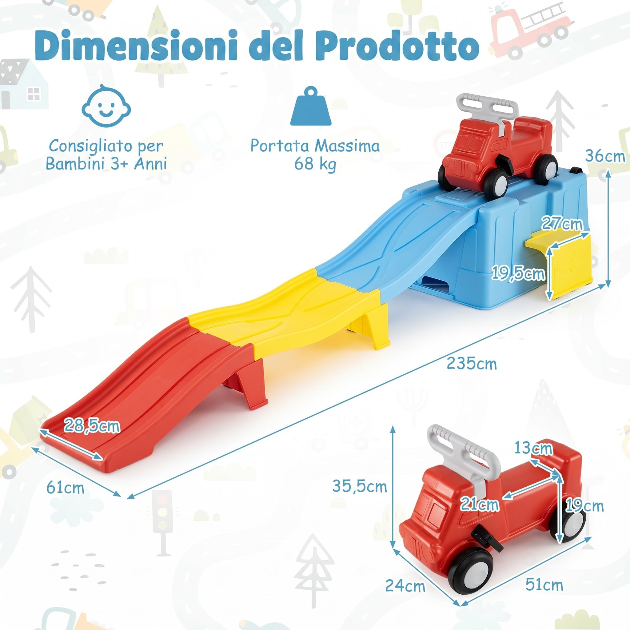 COSTWAY Macchina Cavalcabile con Scivolo, per Bambini 3 Anni+ (Blu) | Auto per Bambini con Scivolo e Vano Portaoggetti con Rotelle, Auto a Spinta per Interno ed Esterno , Portata 68 kg