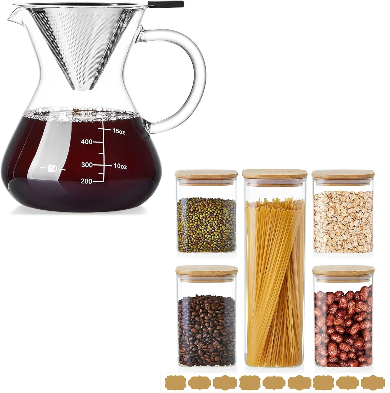Unbreakable Pour Over Coffee Maker and 5Pcs Glass Jars Set
