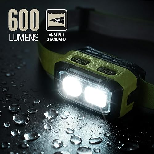 Miniatura 7 de Mossy Oak Linterna frontal LED de 600 lúmenes, fuente de alimentación dual, lámpara de cabeza con sensor de movimiento con base magnética,