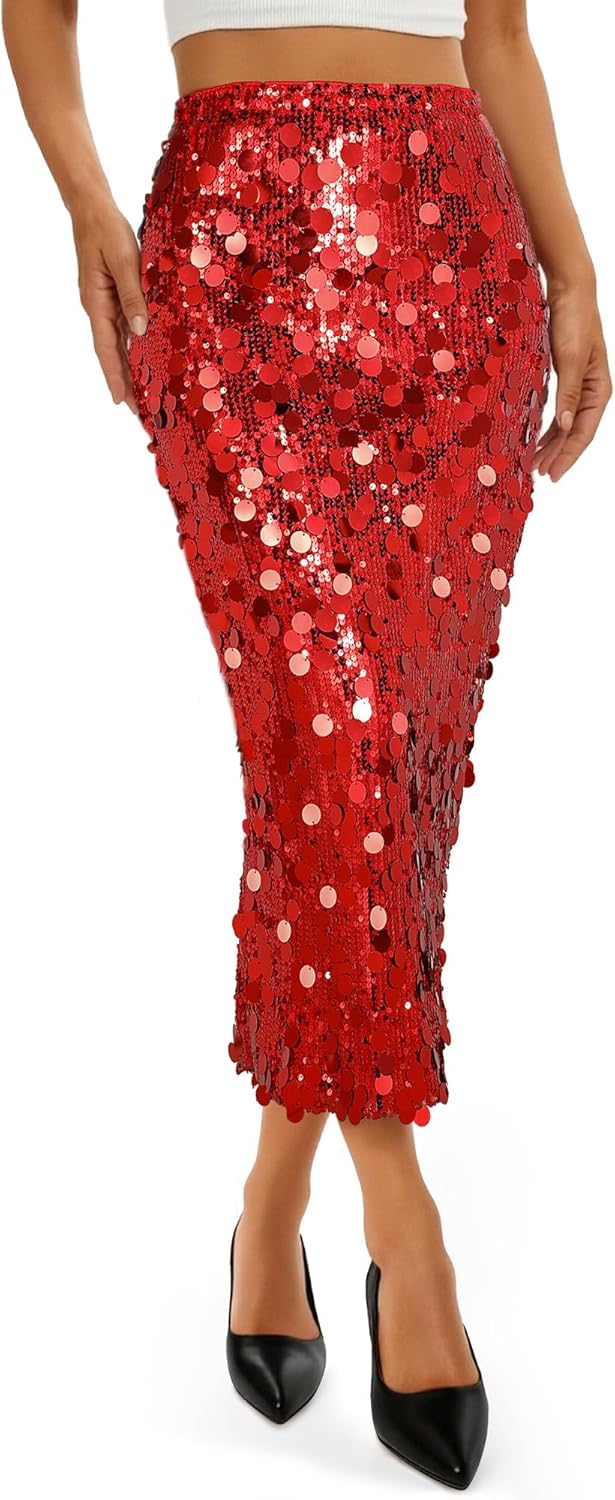 JASGOOD Sequin Skirt for Women Elastic High Waist Midi Skirt Side Slit Stretchy Sparkle Skirts for Night Out Cocktail Parties